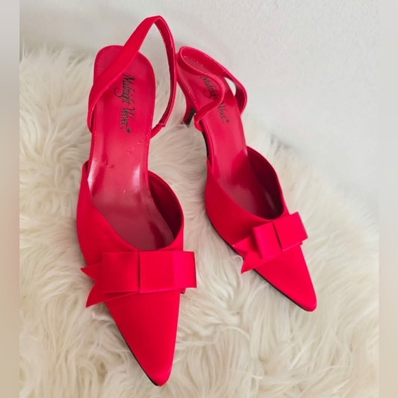 Midnight Velvet Slingback Pointed Toe Bow Red Kitten Heel Shoe. Women's Sz 7W🌴 - Picture 3 of 9